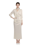 Wrap-Tie Long Slit Dress (Cream)