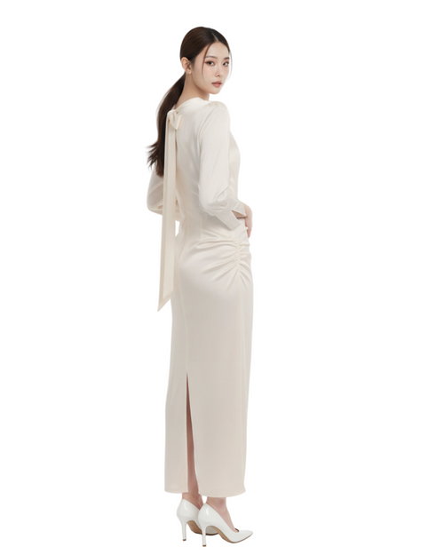 Wrap-Tie Long Slit Dress (Cream)