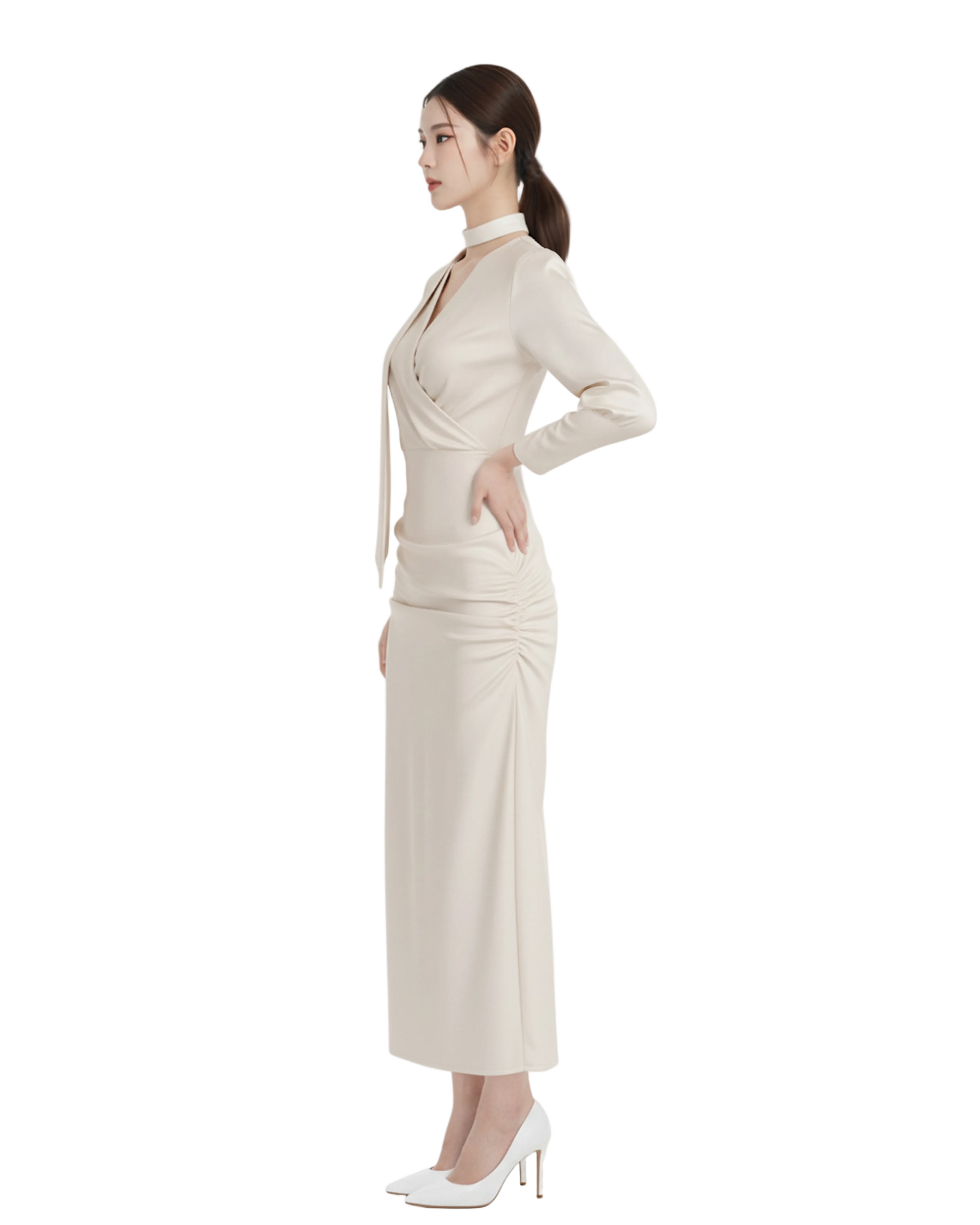 Wrap-Tie Long Slit Dress (Cream)