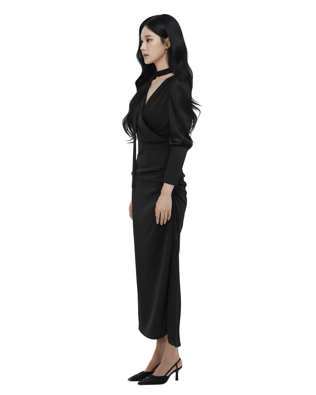 Wrap-Tie Long Slit Dress (Black)