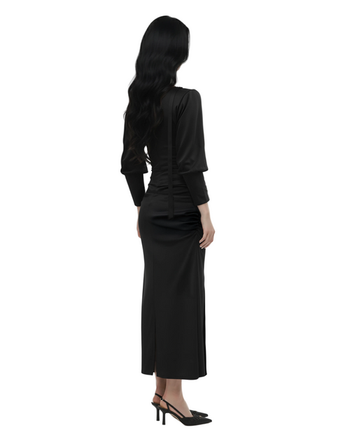 Wrap-Tie Long Slit Dress (Black)