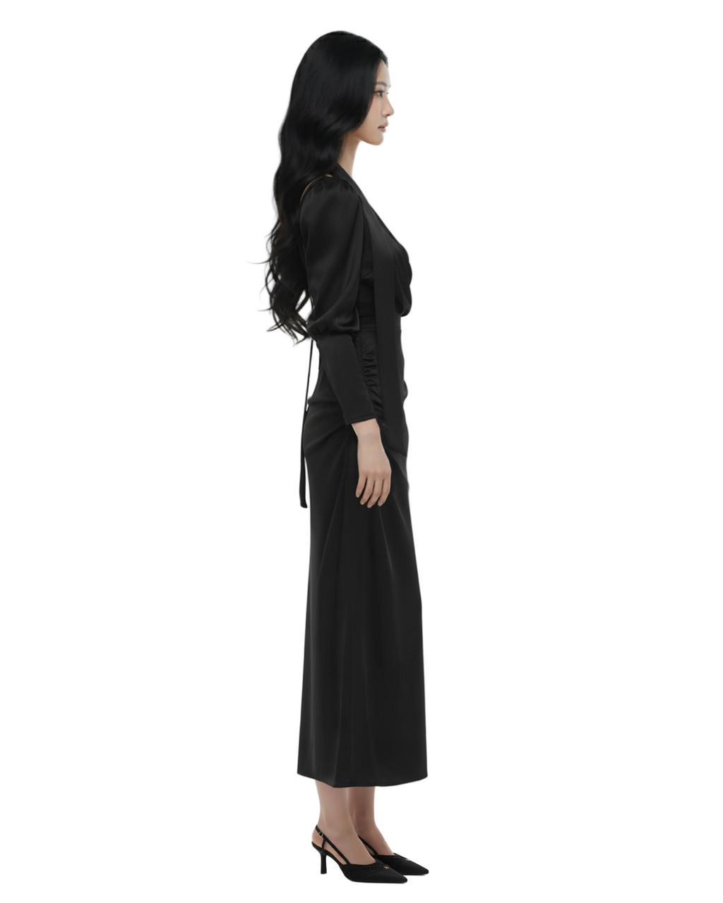 Wrap-Tie Long Slit Dress (Black)